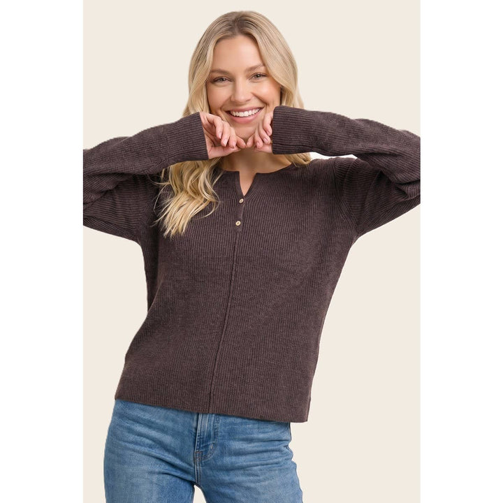 HENLEY BUTTON NECK RIBBED SWEATER