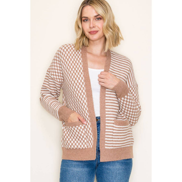 Checkered & Stripe Mix Sweater Cardigan