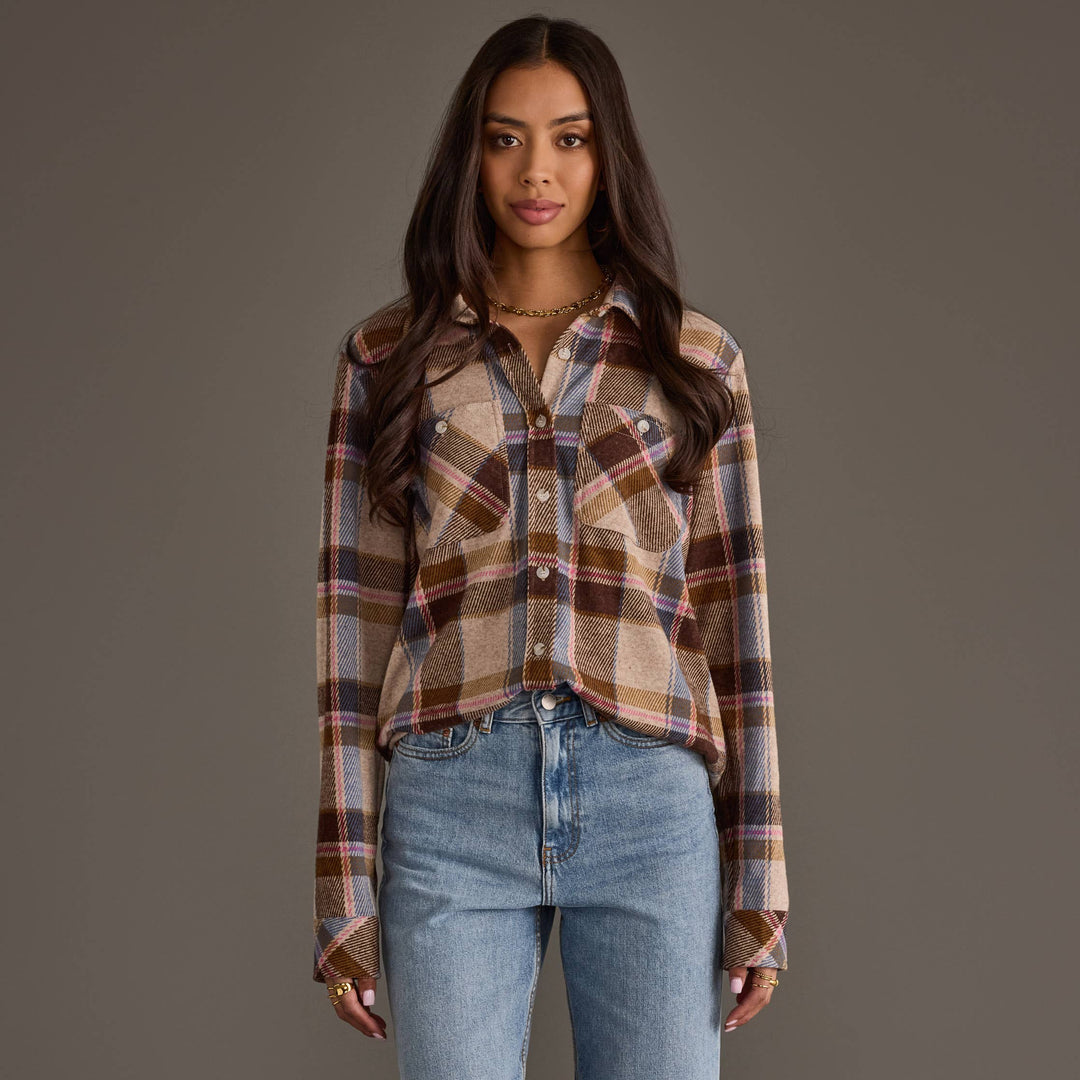 Dk. Brown, Blue & Pink Plaid Button Up