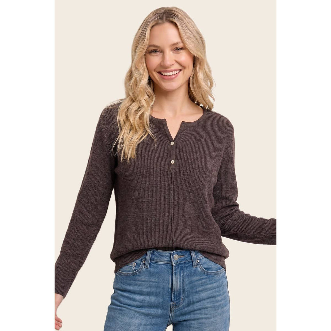 HENLEY BUTTON NECK RIBBED SWEATER