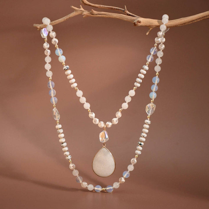 Stone Beaded Long Necklace, Large Stone Pendant - 7255