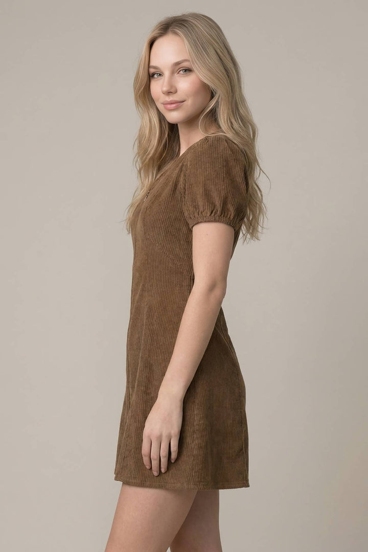 CORDUROY PUFF SLEEVE V-NECK FRONT ZIP-UP MINI DRESS - 28460D