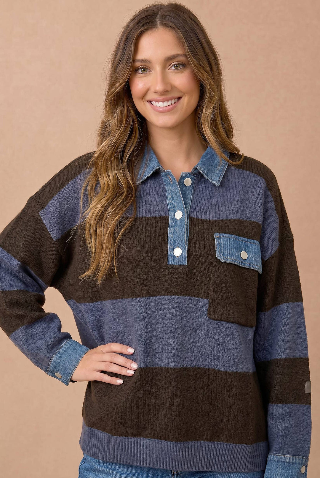 Striped Denim Collar Sweater Knit Top