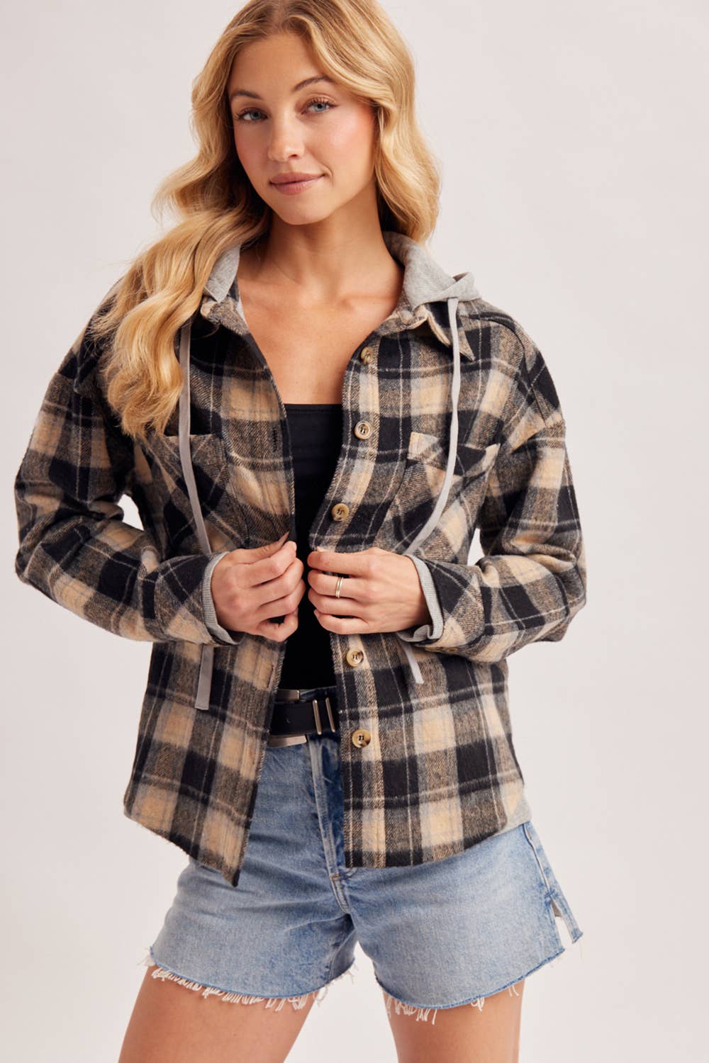 BUTTON DOWN HOODED PLAID SHACKET