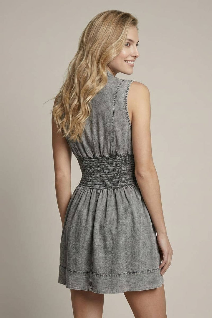 CHAMBRAY V-NECK SMOCKED WAIST ZIP-FRONT MINI DRESS - 28381D