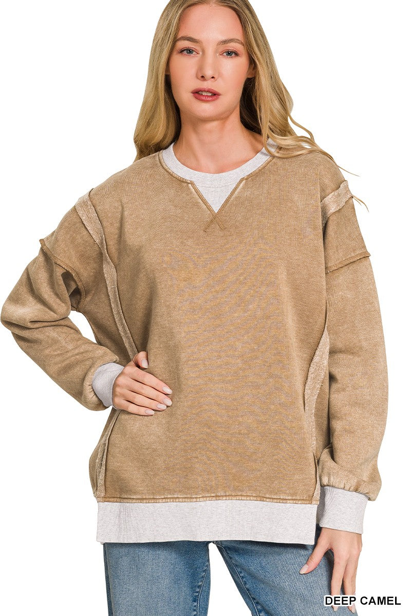 Acid Washed Contrast Trim Pullover