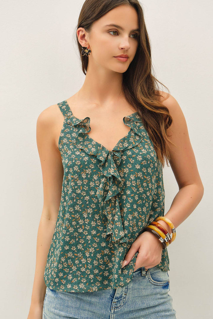 FLORAL PRINT CHIFFON RUFFLE TANK TOP