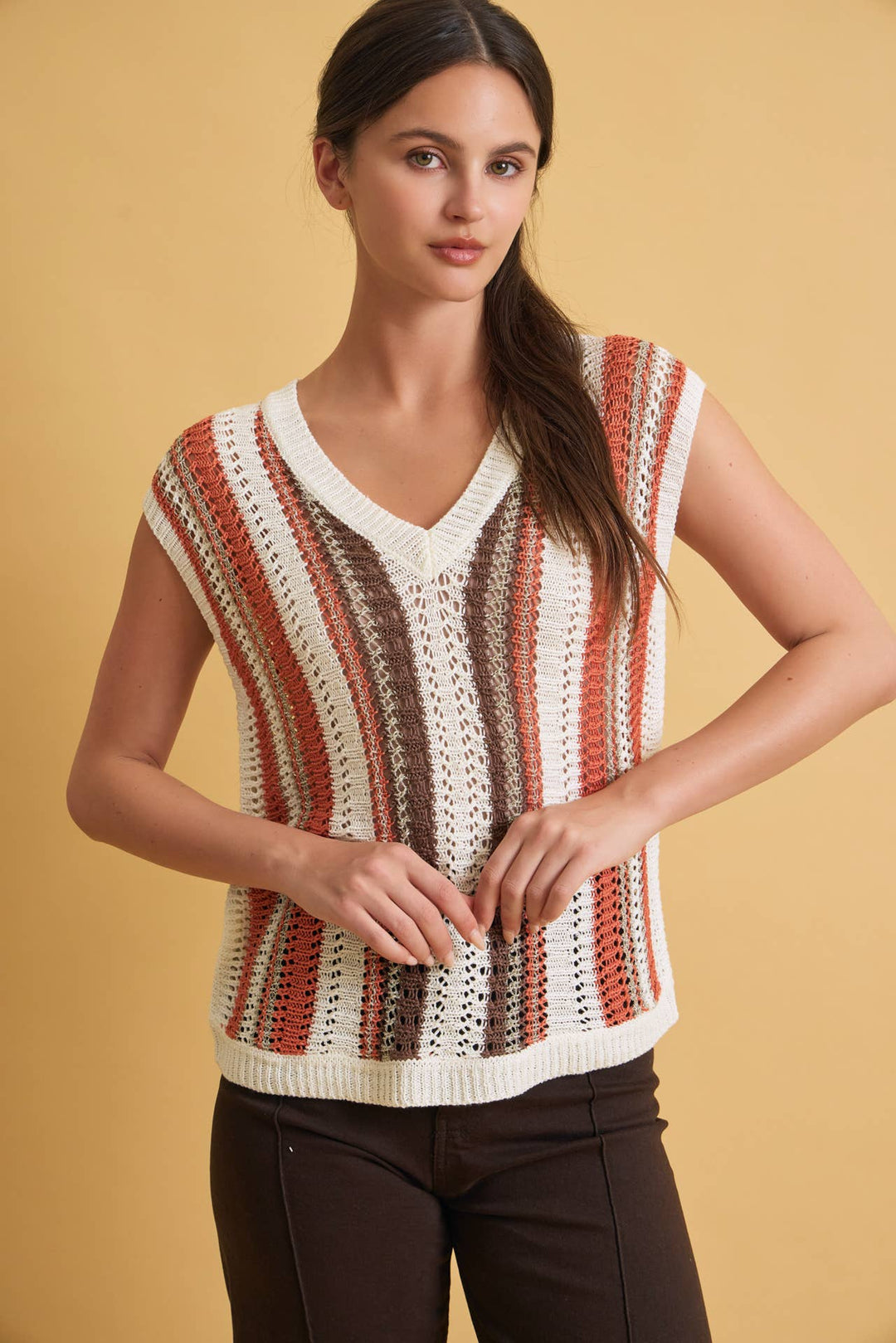 MIXED METALLIC YARN STRIPED HAND CRAFT CROCHET KNIT VEST