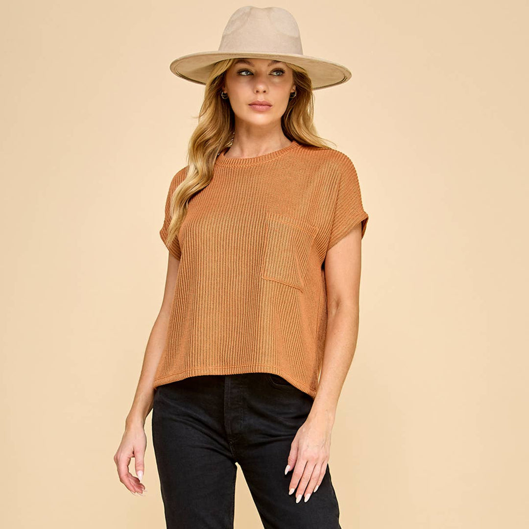 Knitted Solid Short Sleeve Top with Pockets