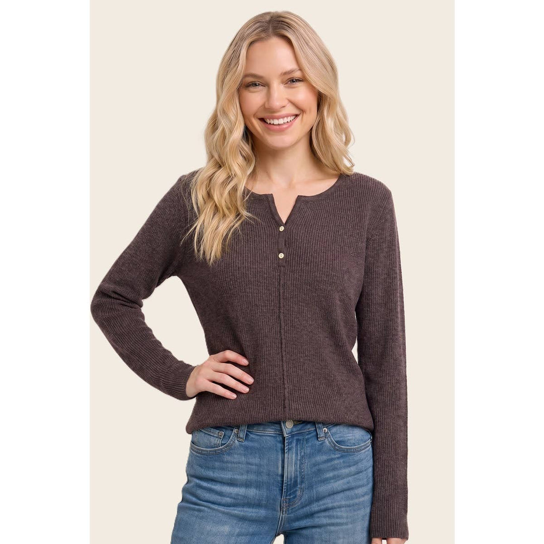 HENLEY BUTTON NECK RIBBED SWEATER