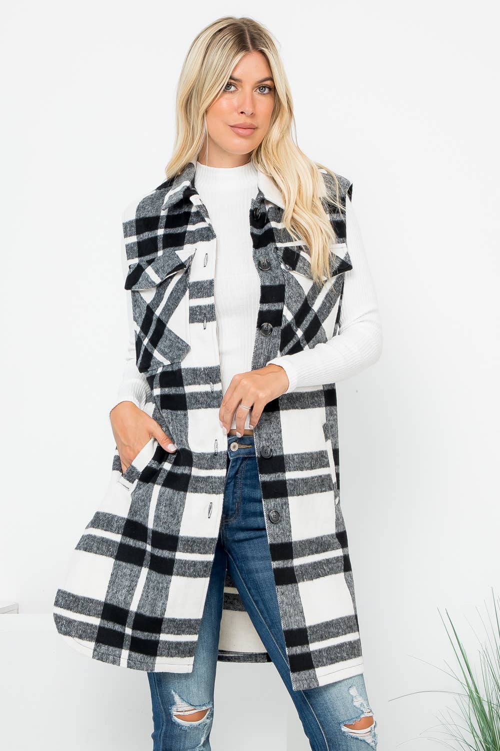 Plaid Print Long Vest