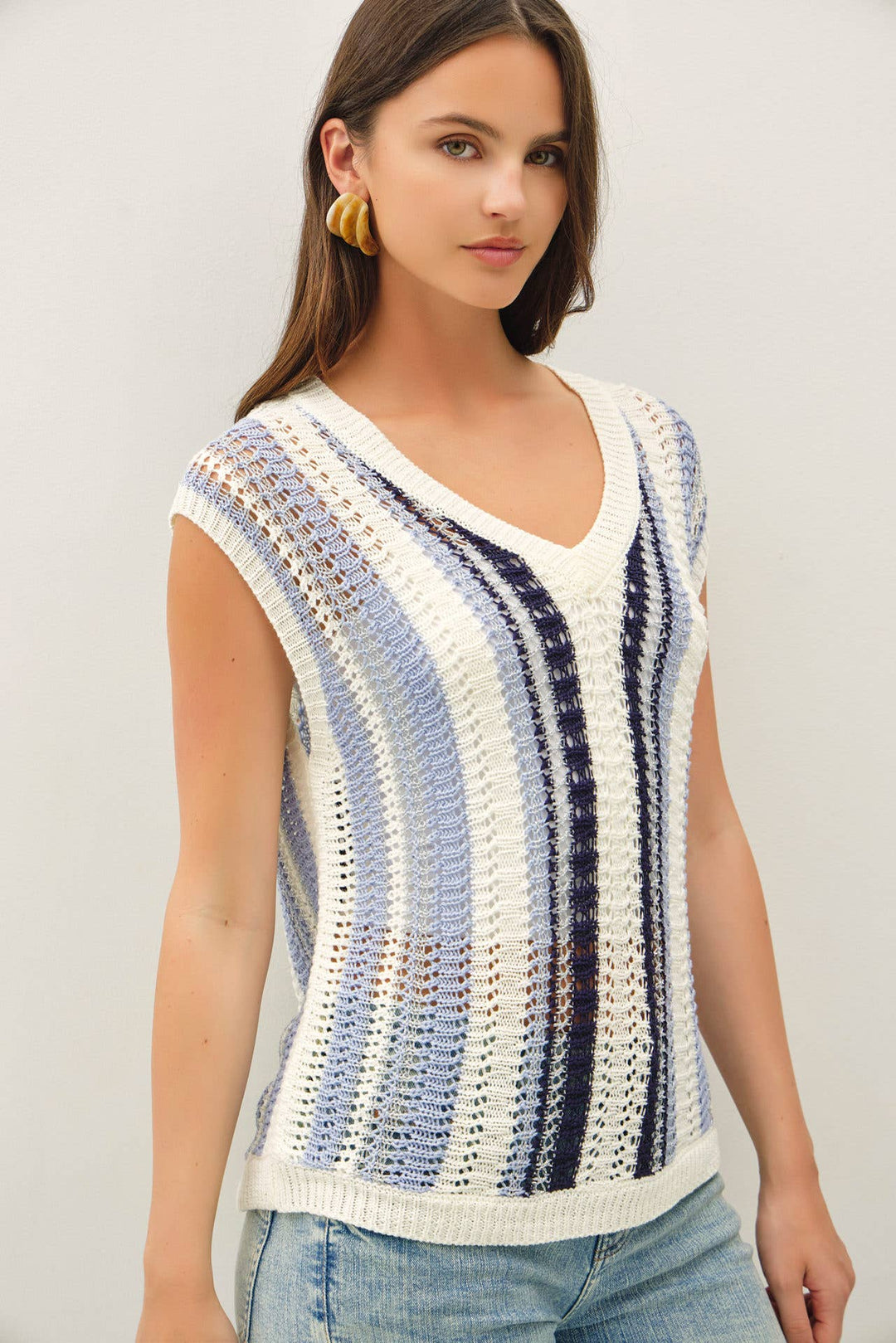 MIXED METALLIC YARN STRIPED HAND CRAFT CROCHET KNIT VEST