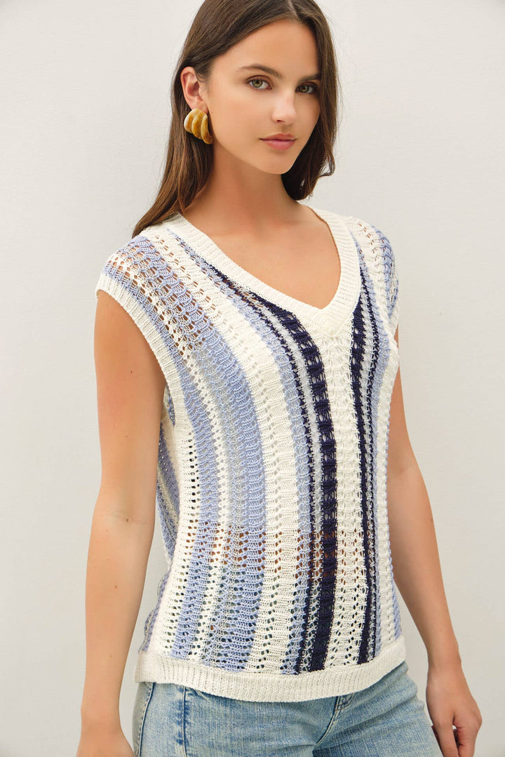 MIXED METALLIC YARN STRIPED HAND CRAFT CROCHET KNIT VEST