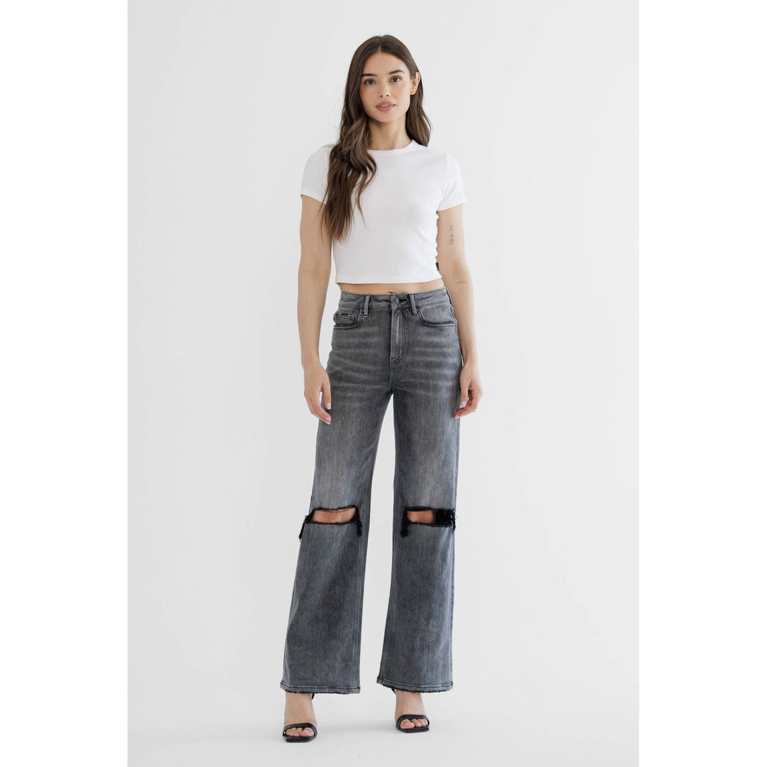 SUPER HIGH WIDE LEG WITH DISTRESSED KNEE
