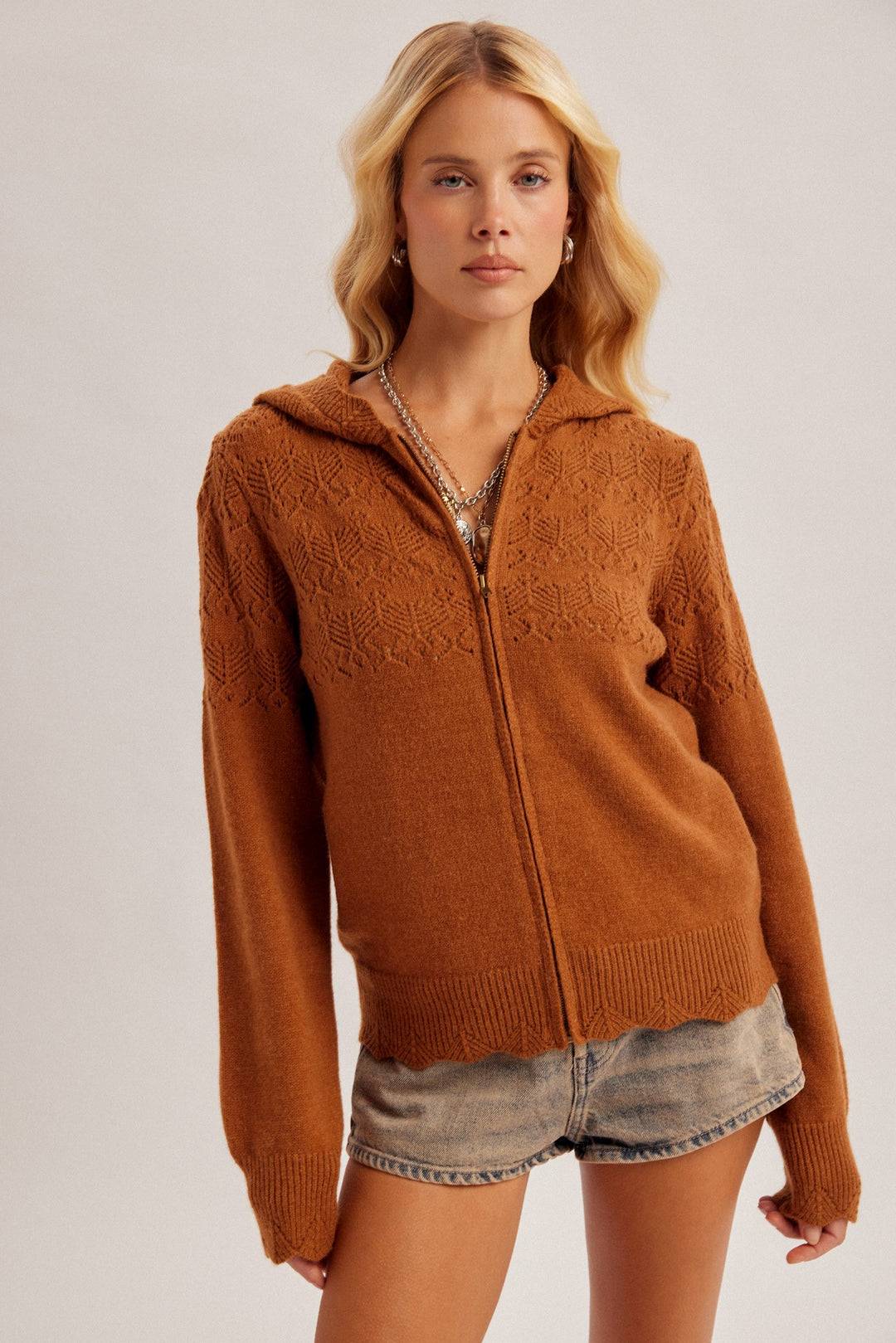 Open Crochet Knit Sweater Hoodie