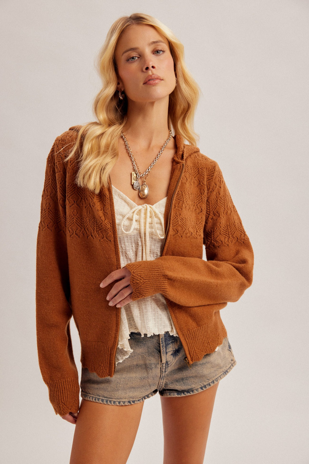 Open Crochet Knit Sweater Hoodie