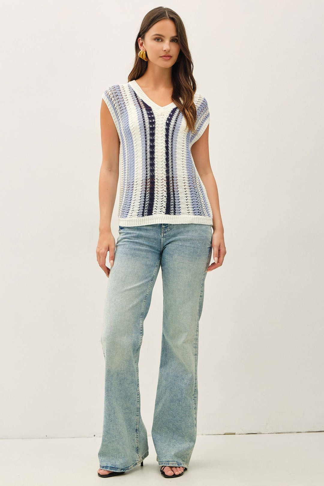 MIXED METALLIC YARN STRIPED HAND CRAFT CROCHET KNIT VEST
