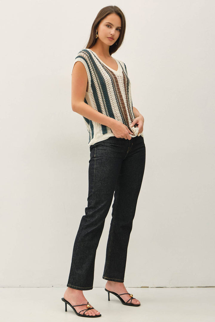 MIXED METALLIC YARN STRIPED HAND CRAFT CROCHET KNIT VEST