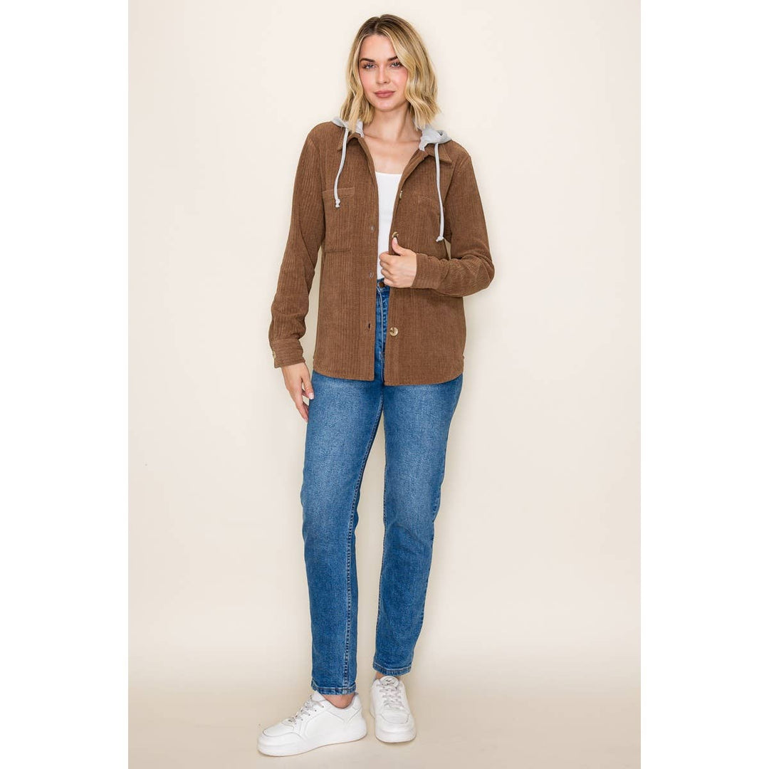 Corduroy Hooded Button Up