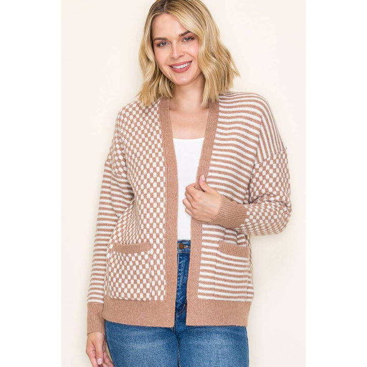 Checkered & Stripe Mix Sweater Cardigan