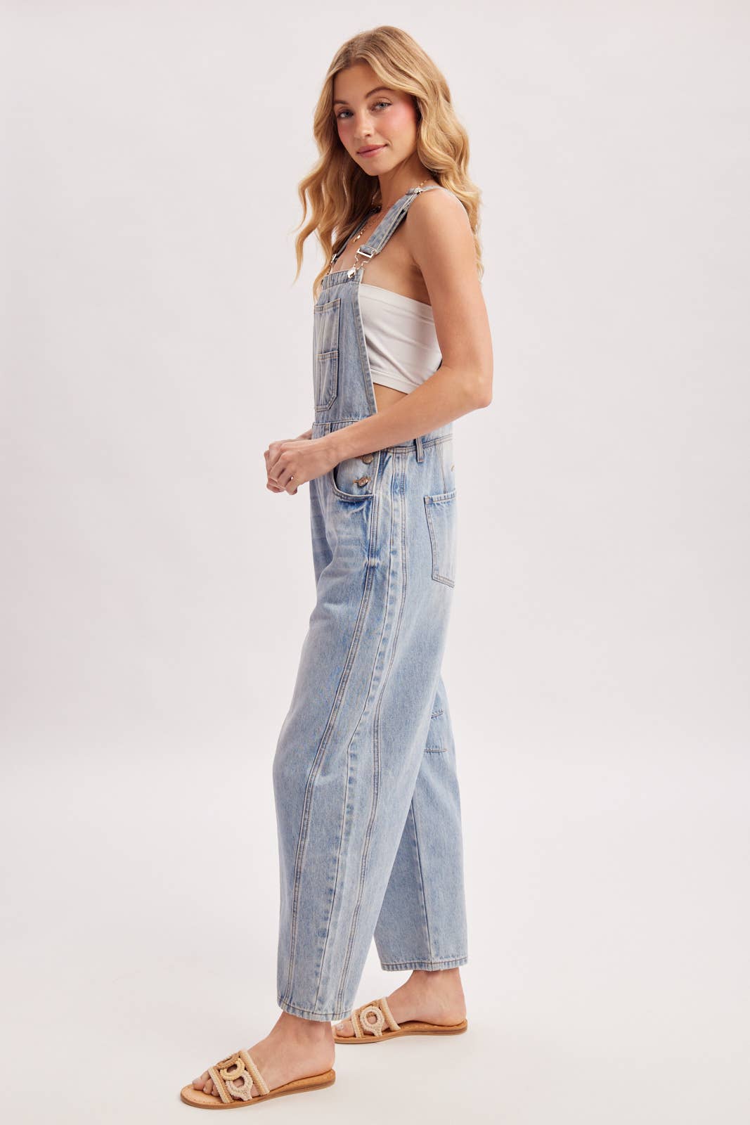 DENIM BARREL OVERALLS: DK.WASH / L