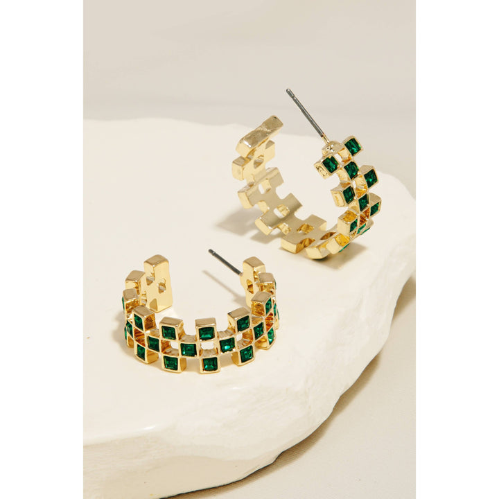 Checkered Rhinestone Squares Hoop Earrings