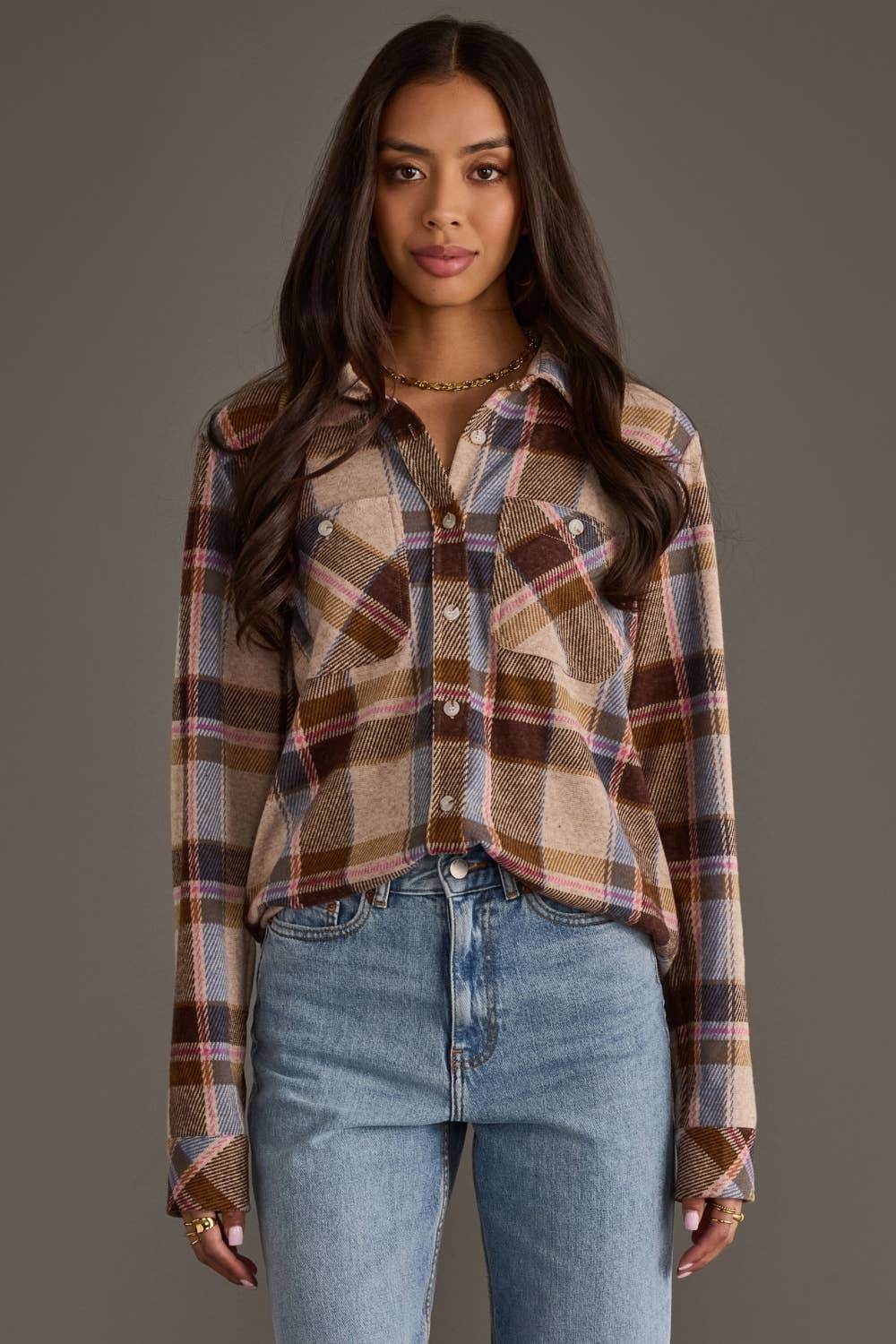 Dk. Brown, Blue & Pink Plaid Button Up