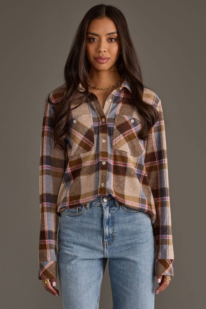 Dk. Brown, Blue & Pink Plaid Button Up