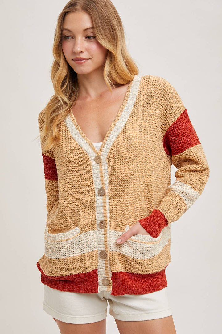 COLOR BLOCK BUTTON DOWN CARDIGAN