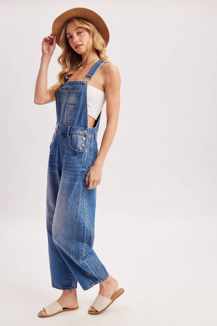 DENIM BARREL OVERALLS: DK.WASH / S