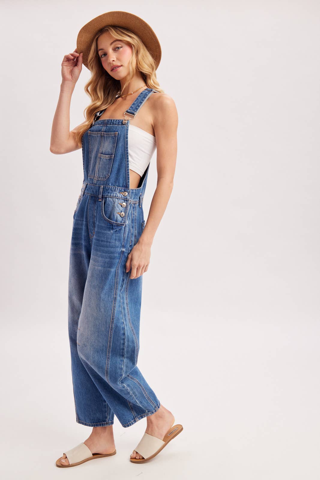 DENIM BARREL OVERALLS: DK.WASH / L