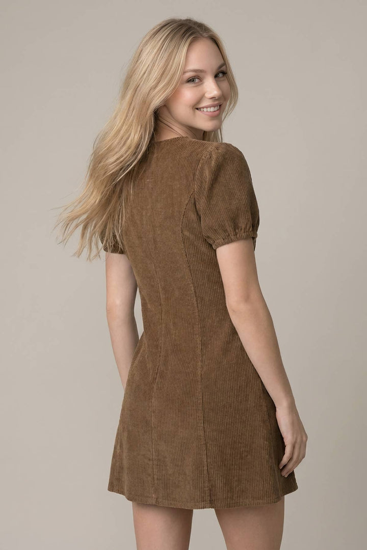 CORDUROY PUFF SLEEVE V-NECK FRONT ZIP-UP MINI DRESS - 28460D