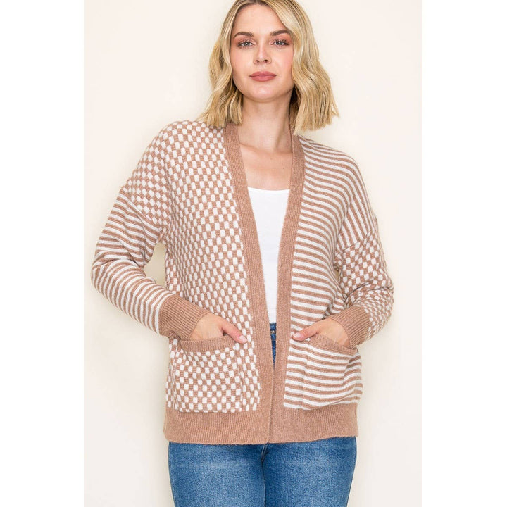 Checkered & Stripe Mix Sweater Cardigan