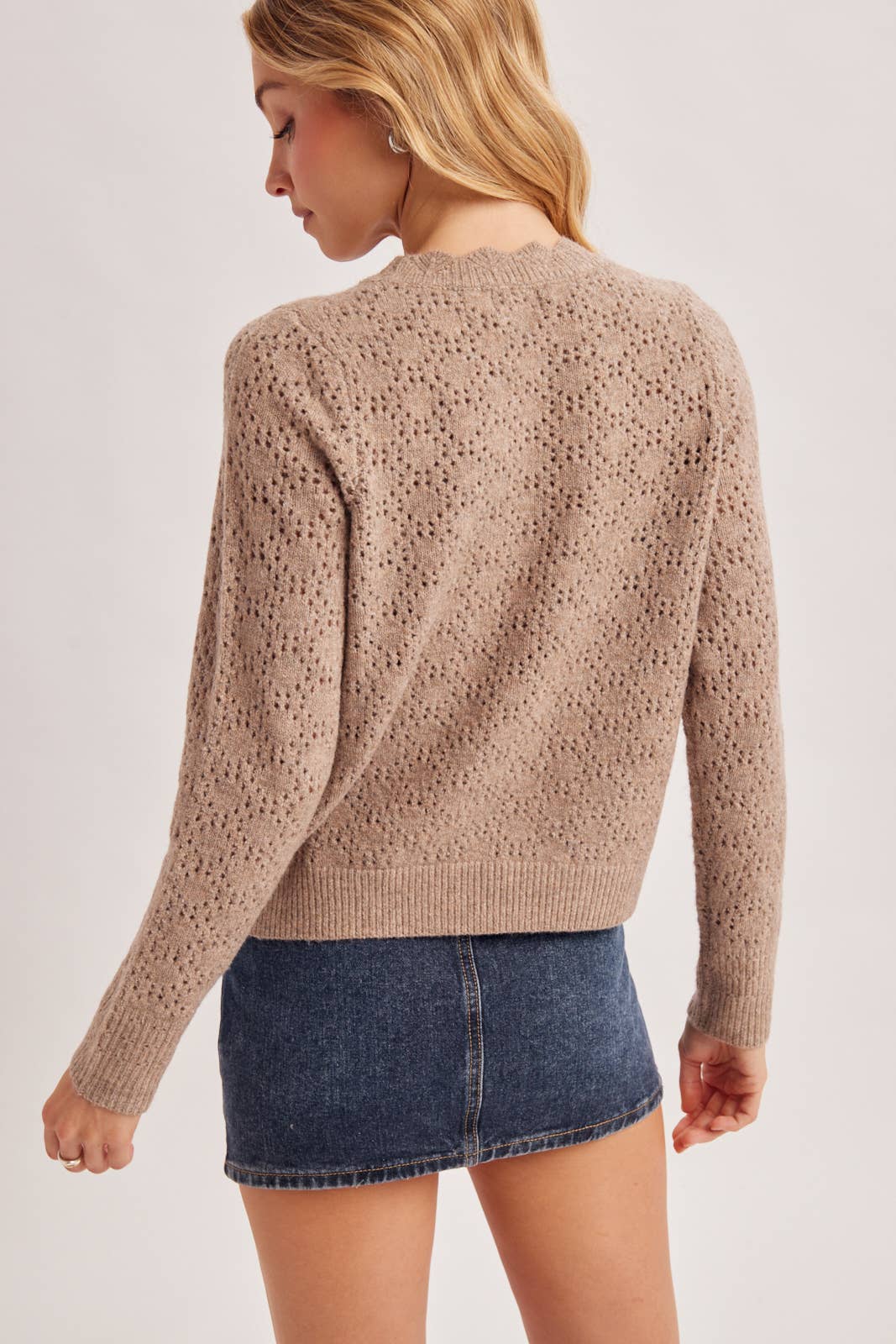 POINTELLE EYELET OPEN KNIT SCALLOPED NECK PULLOVER TOP