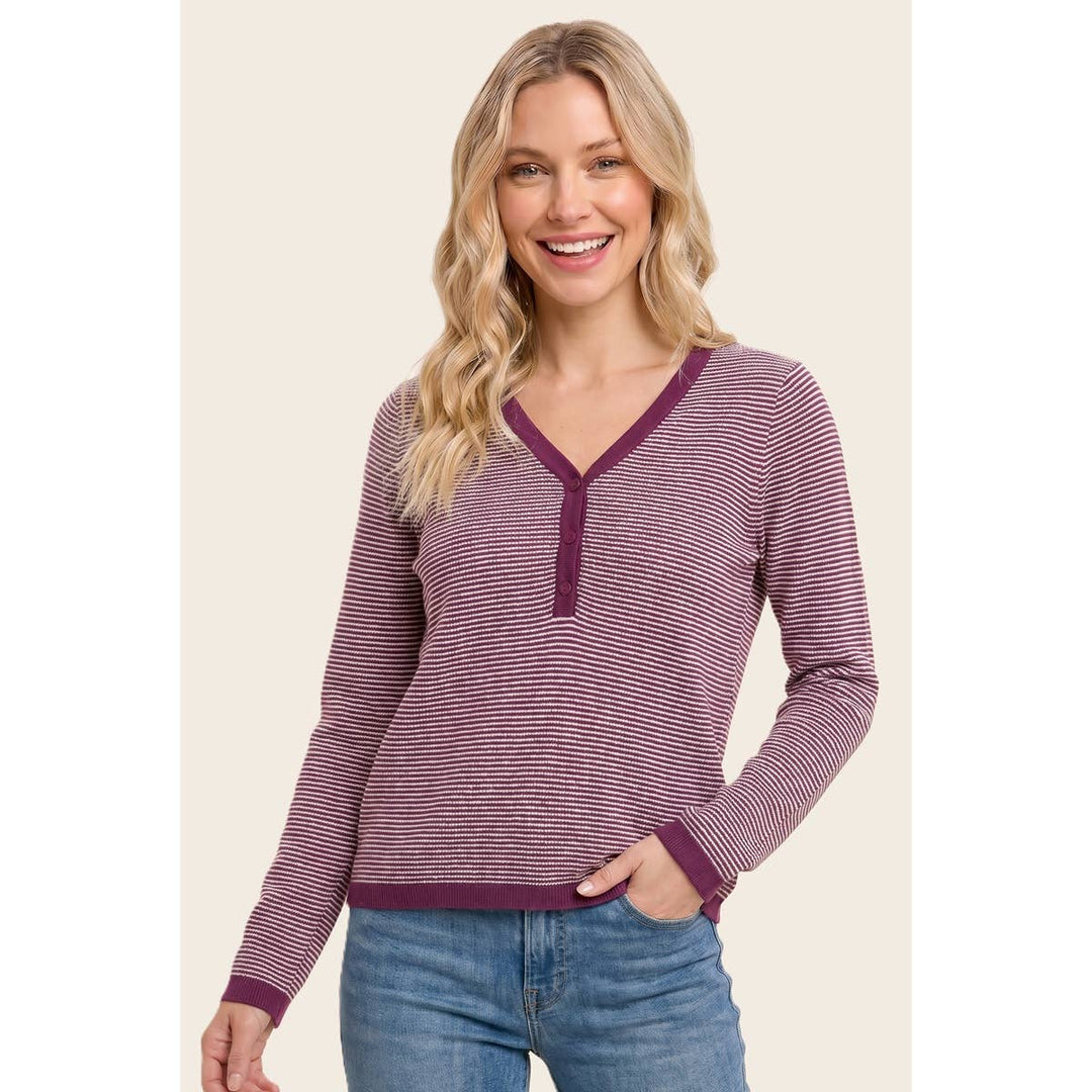 V NENLEY NECK MINI WAFFLE STRIPED TOP