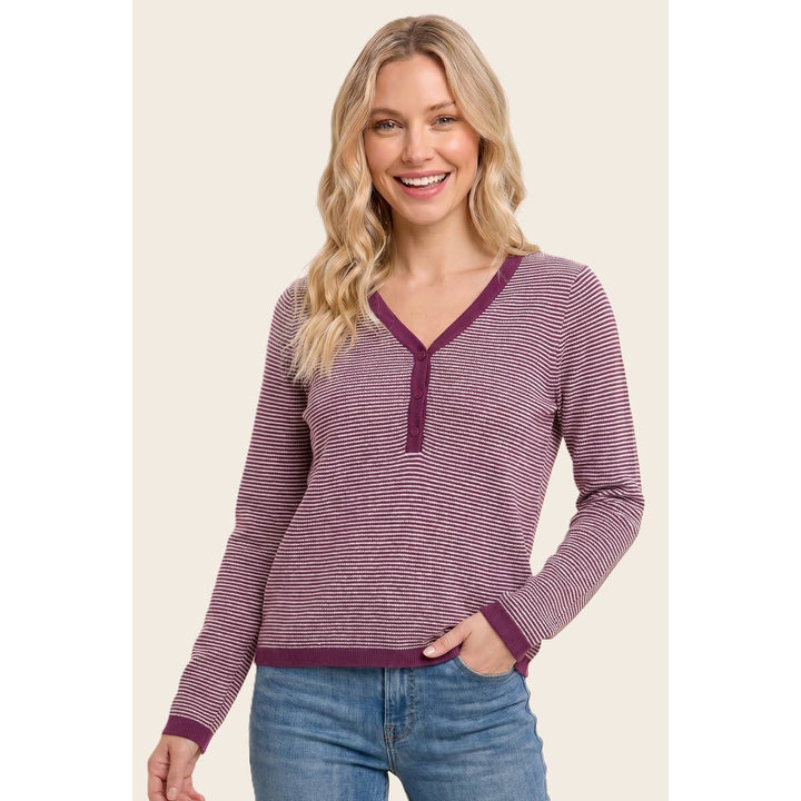 V NENLEY NECK MINI WAFFLE STRIPED TOP
