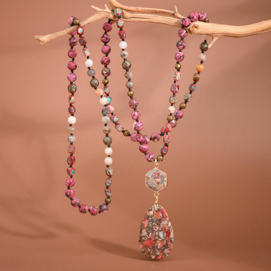 Stone Beaded Long Necklace, Large Stone Pendant - 7264