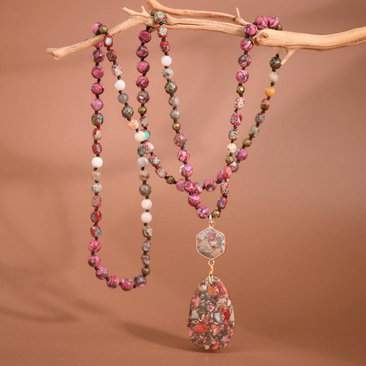 Stone Beaded Long Necklace, Large Stone Pendant - 7264