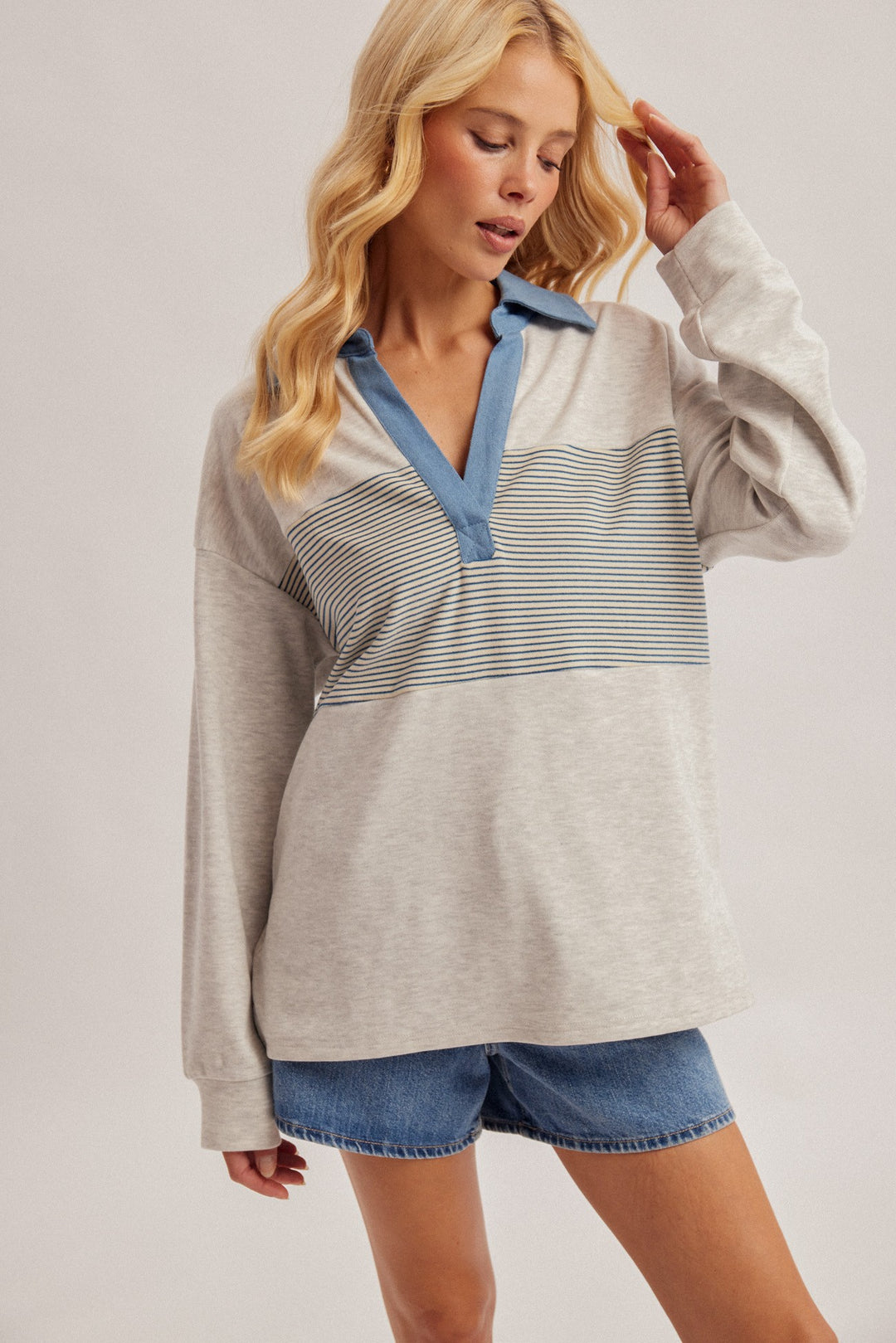 Denim Contrast Collar Fleece Pullover