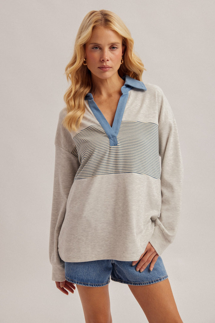 Denim Contrast Collar Fleece Pullover