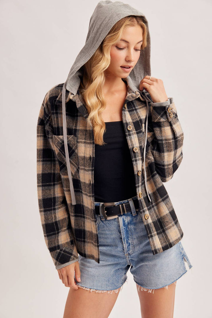 BUTTON DOWN HOODED PLAID SHACKET