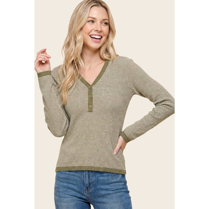 V NENLEY NECK MINI WAFFLE STRIPED TOP