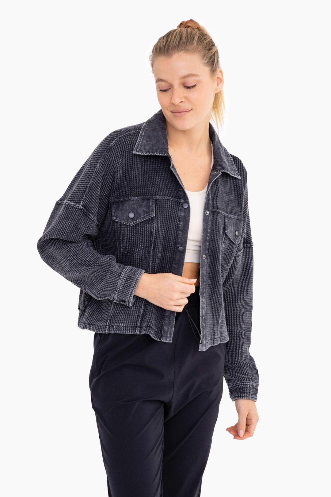 Waffle Knit Washed Cropped Jacket