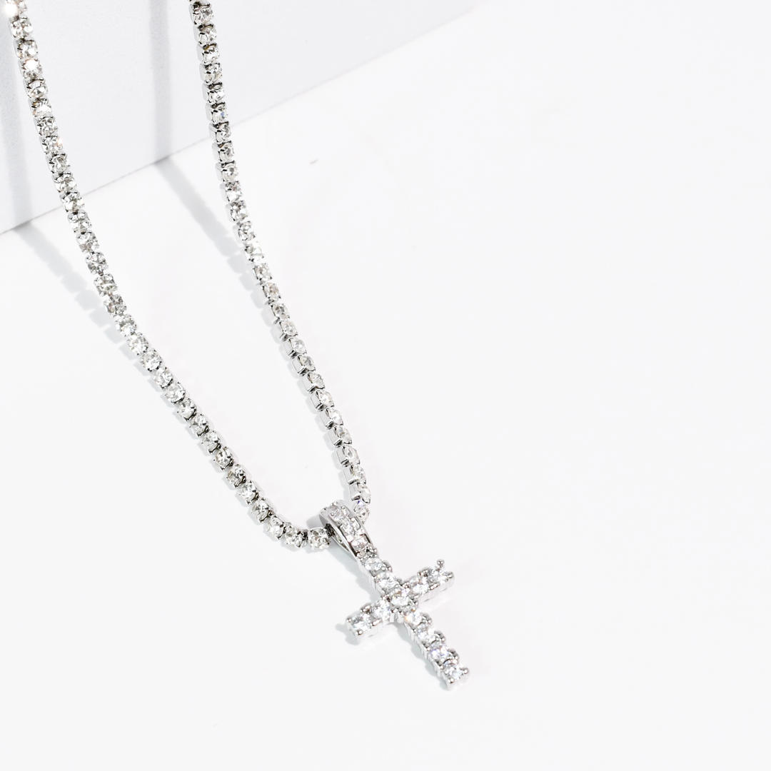 Divine Crystal Cross Silver Necklace