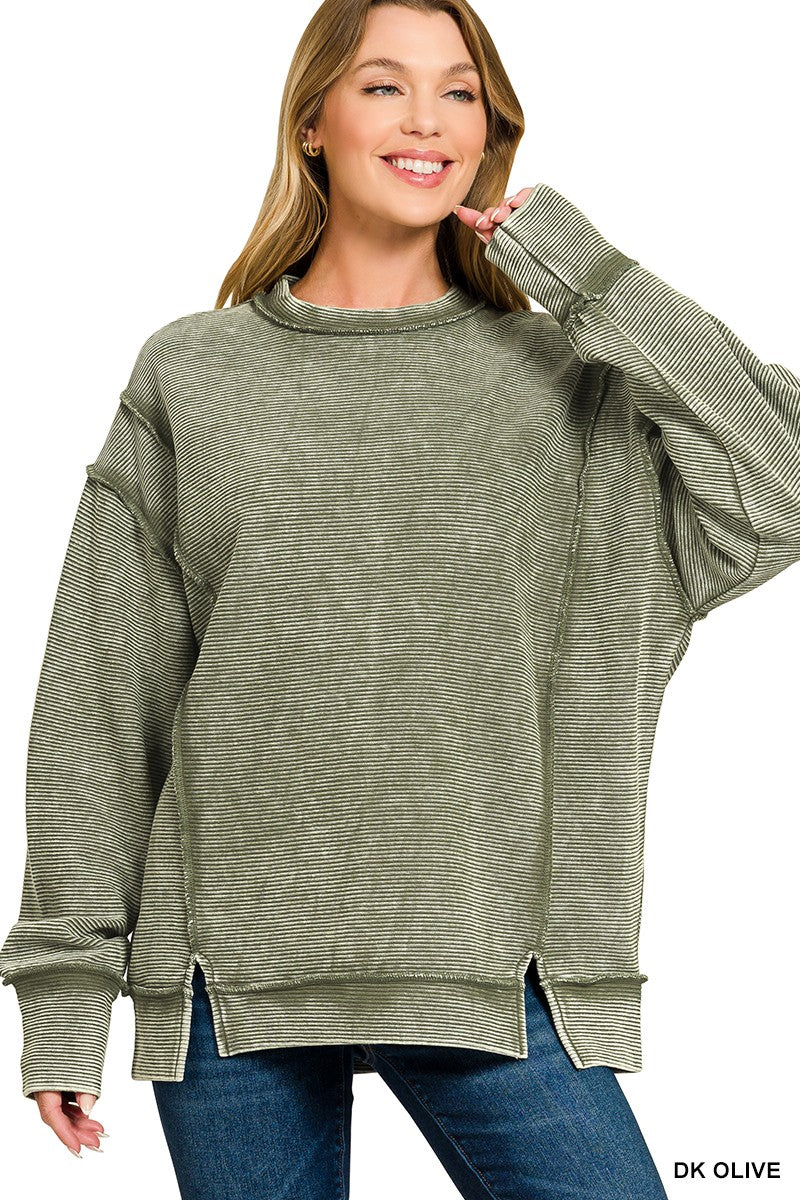 Acid Washed Ribbed Exposed-Seam Pullover