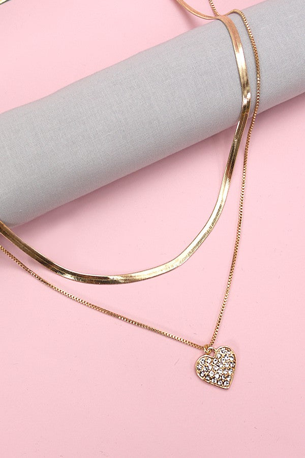 Double Layer Rhinestone Heart Necklace