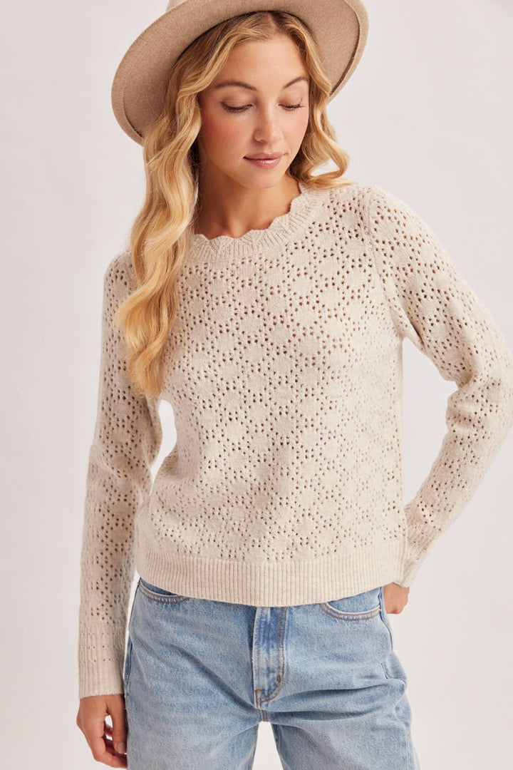 POINTELLE EYELET OPEN KNIT SCALLOPED NECK PULLOVER TOP
