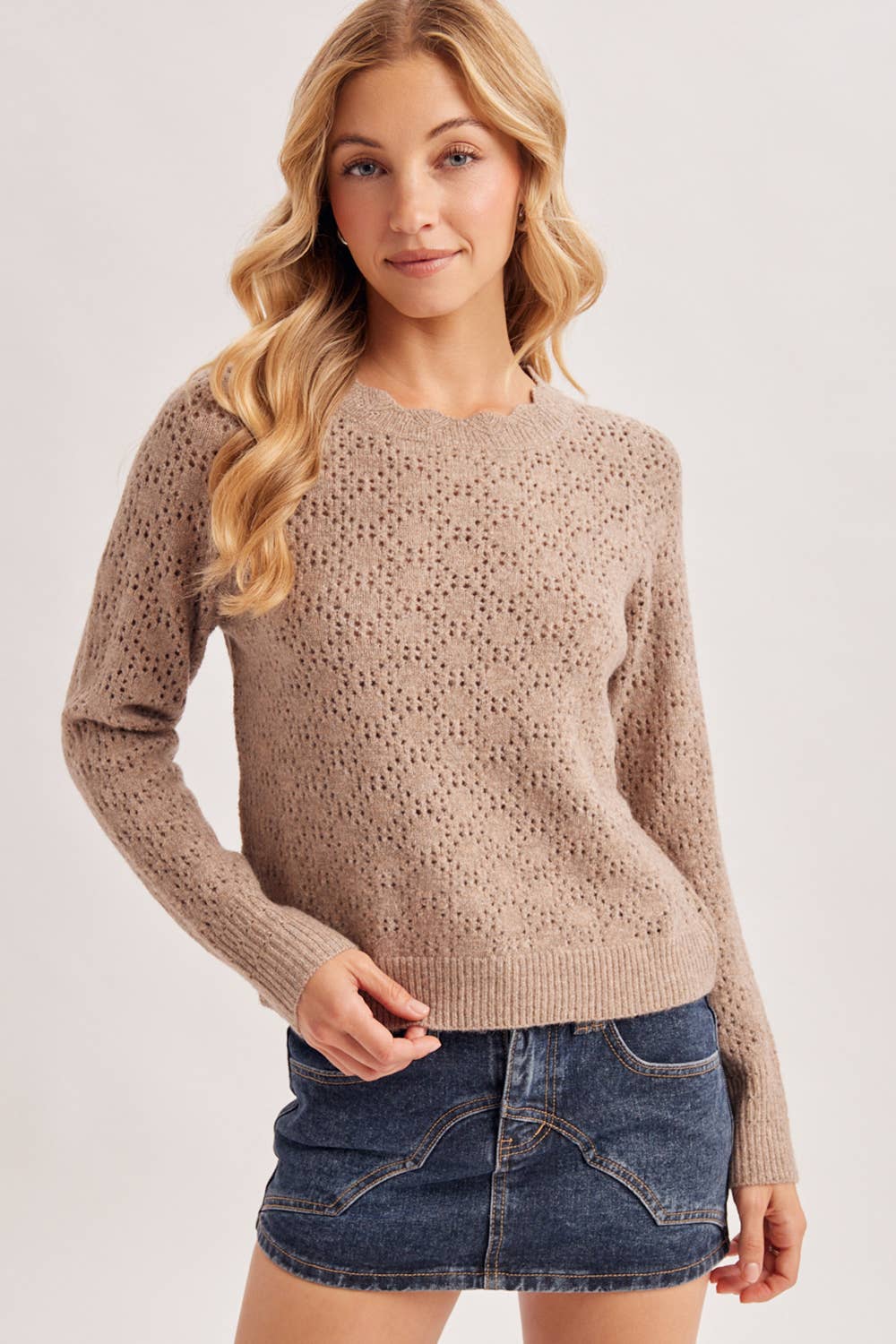 POINTELLE EYELET OPEN KNIT SCALLOPED NECK PULLOVER TOP