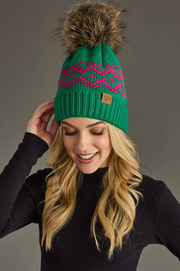 Green & Speckled Patterned Pom Hat