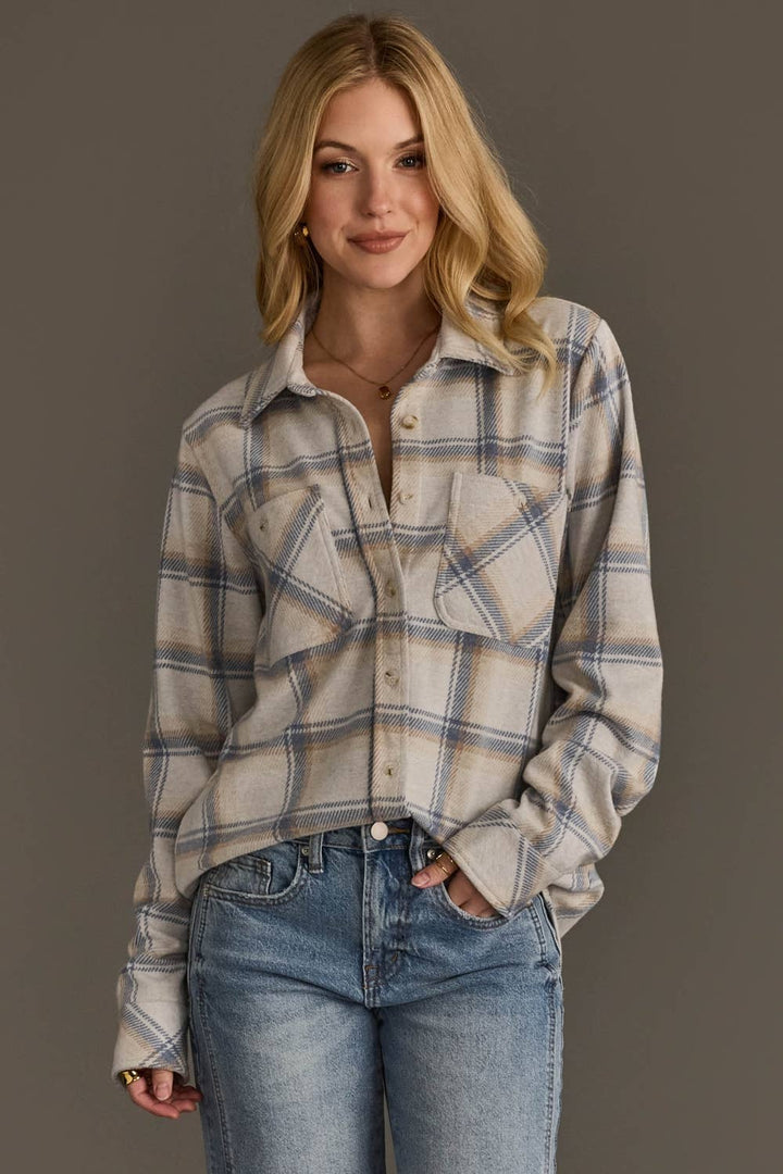 Cream, Dusty Blue & Tan Plaid Button Up